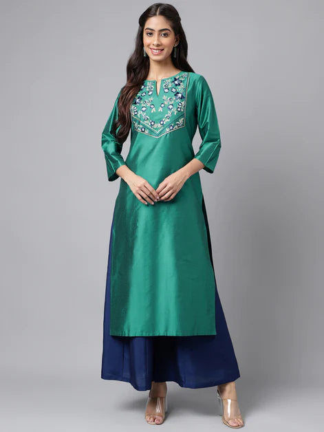 Peacock Green Poly Silk Solid Straight Kurta Orchids Boutique