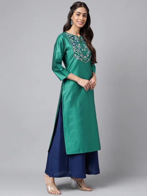 Peacock Green Poly Silk Solid Straight Kurta Orchids Boutique