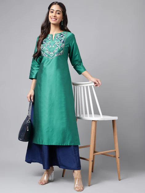 Peacock Green Poly Silk Solid Straight Kurta Orchids Boutique