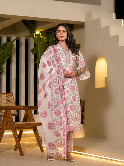 Pink And Off White Floral Print Cotton Straight Style Kurta And Trousers With Dupatta-Yufta Store-1007SKDPKS