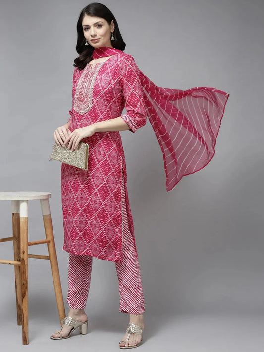 Pink Bandhani Printed Dupatta Set-Yufta Store-5907SKDPKM