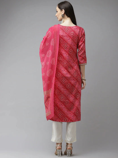 Pink Bandhani Printed Dupatta Set-Yufta Store-9343SKDPKS