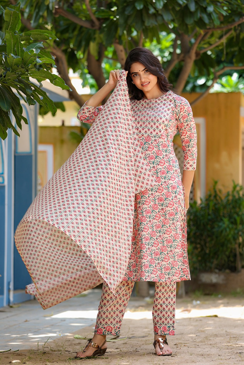 Pink & Beige Handblock Printed Dupatta Set-Yufta Store-3901SKDPKS