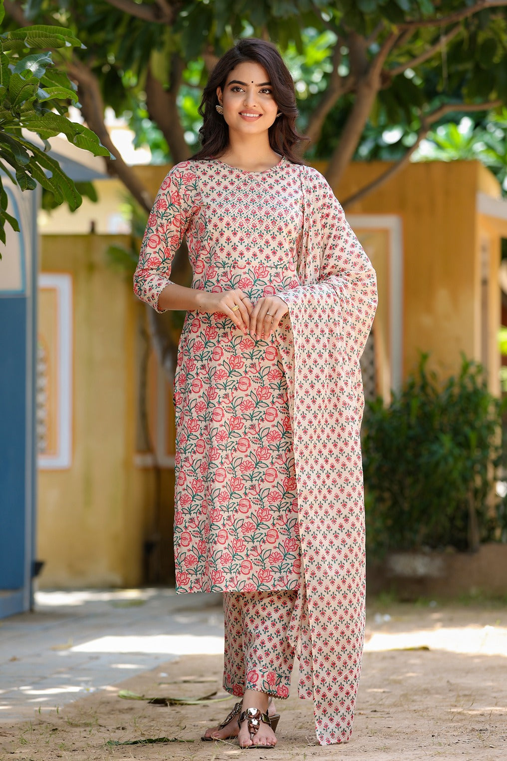 Pink & Beige Handblock Printed Dupatta Set-Yufta Store-3901SKDPKS