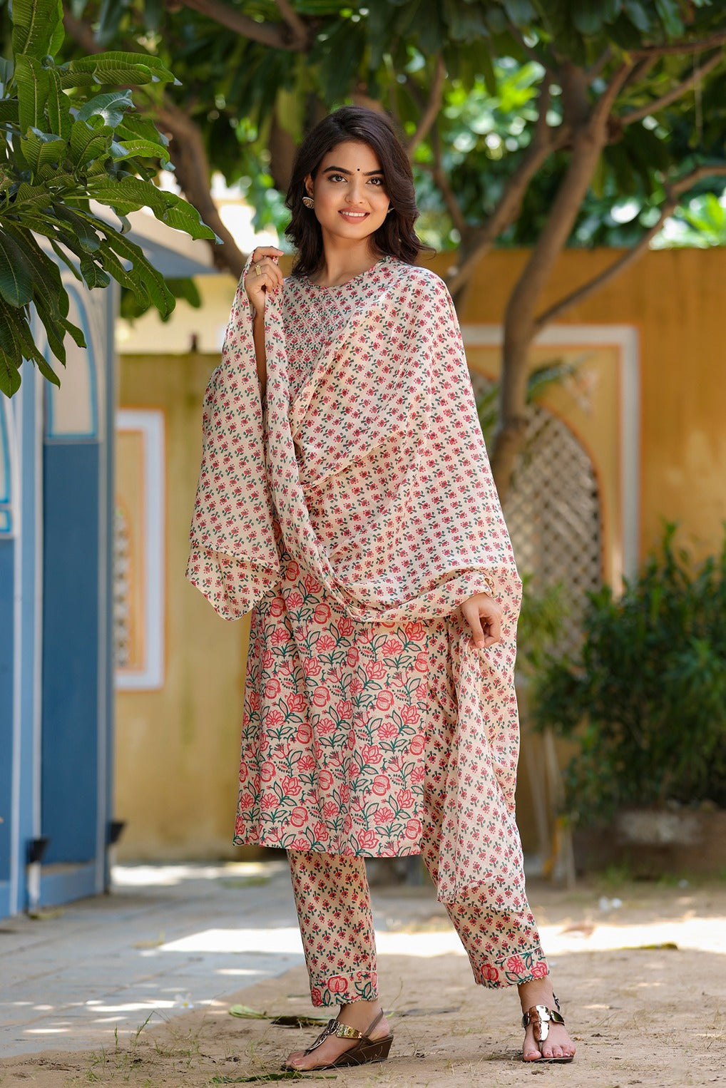 Pink & Beige Handblock Printed Dupatta Set-Yufta Store-3901SKDPKS