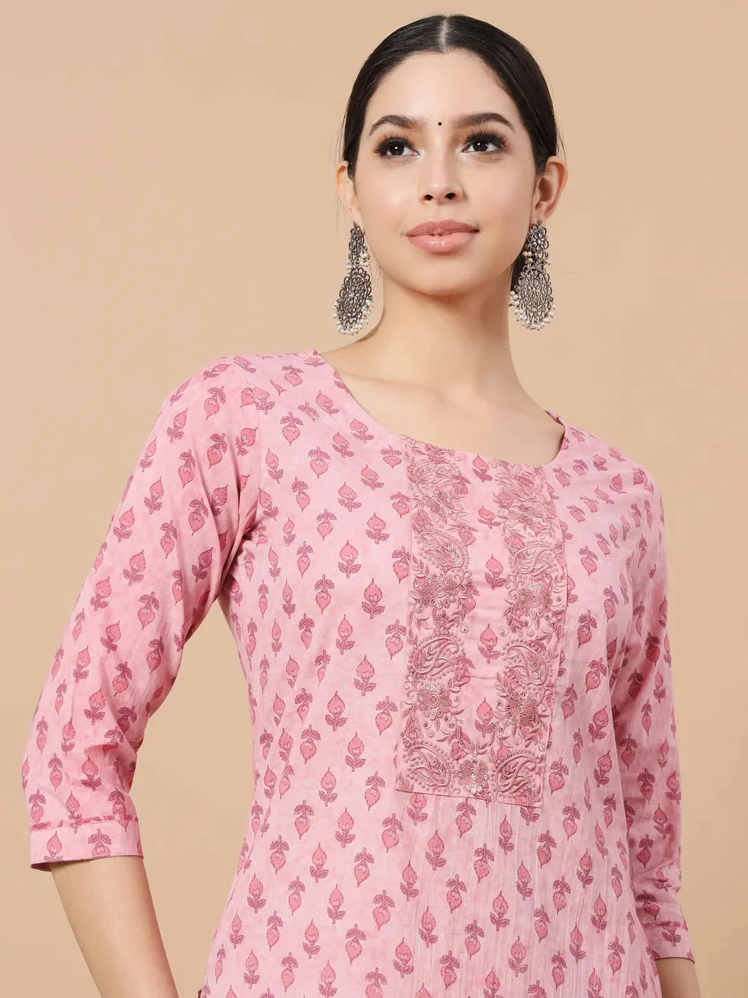 Pink Block Print,Thread_Work Straight Kurta Trouser And Dupatta Set-Yufta Store-1742SKDPKS