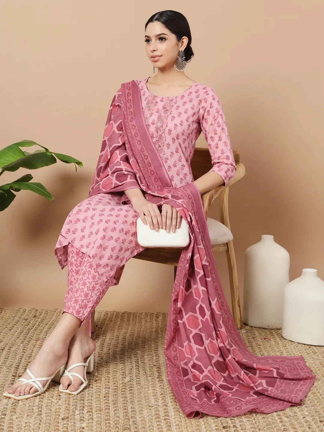 Pink Block Print,Thread_Work Straight Kurta Trouser And Dupatta Set-Yufta Store-1742SKDPKS