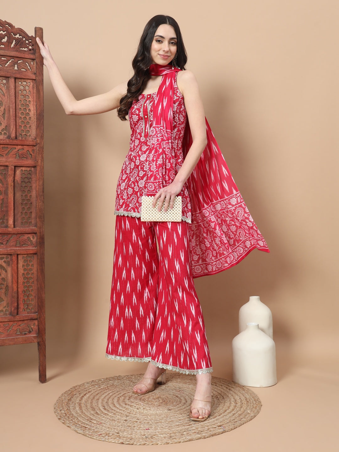 Pink Cotton Strappy Kurta Palazzo Set-Yufta Store-1849SKDPKS