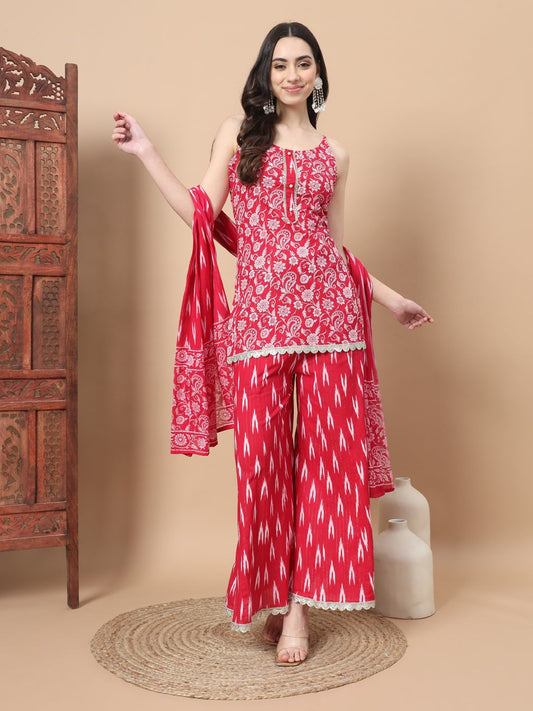 Pink Cotton Strappy Kurta Palazzo Set-Yufta Store-1849SKDPKS