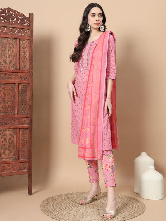 Pink Ethnic Motifs Cotton Kurta Dupatta Set-Yufta Store-6815SKDPKS