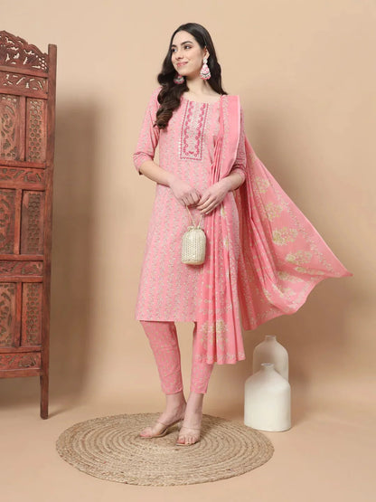 Pink Ethnic Motifs,Thread_Work Straight Kurta Trouser And Dupatta Set-Yufta Store-6812SKDPKS