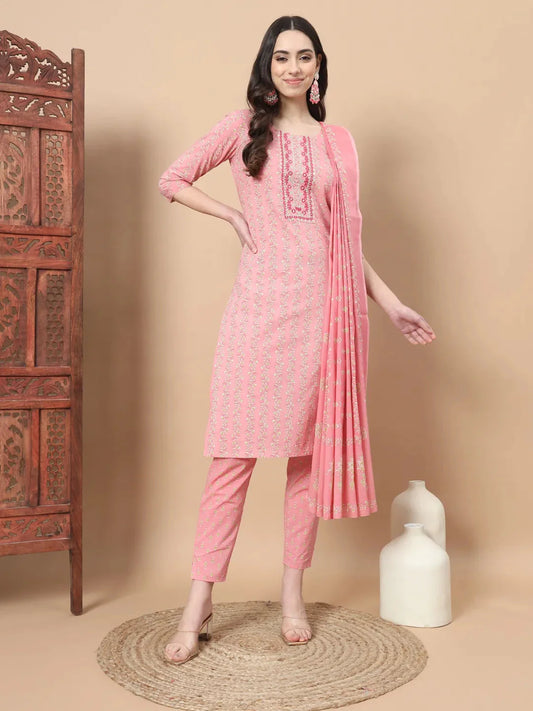 Pink Ethnic Motifs,Thread_Work Straight Kurta Trouser And Dupatta Set-Yufta Store-6812SKDPKS