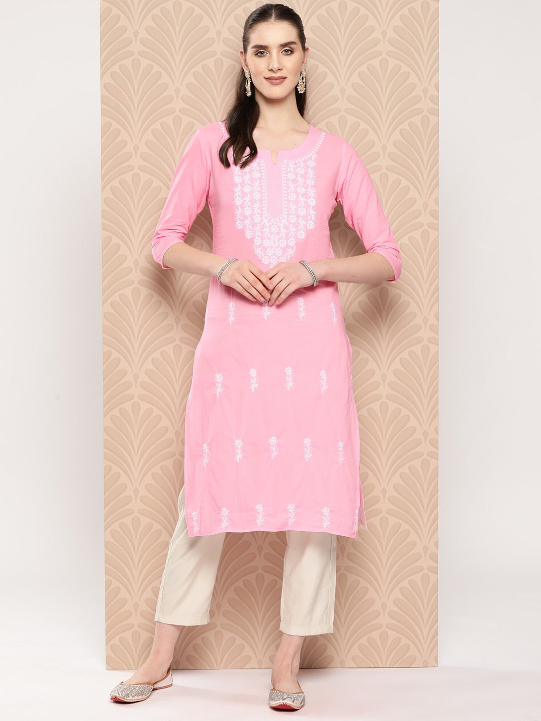 Pink Floral Embroidered Pure Cotton Kurta-Yufta Store-1497KURPKS