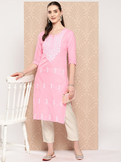 Pink Floral Embroidered Pure Cotton Kurta-Yufta Store-1497KURPKS