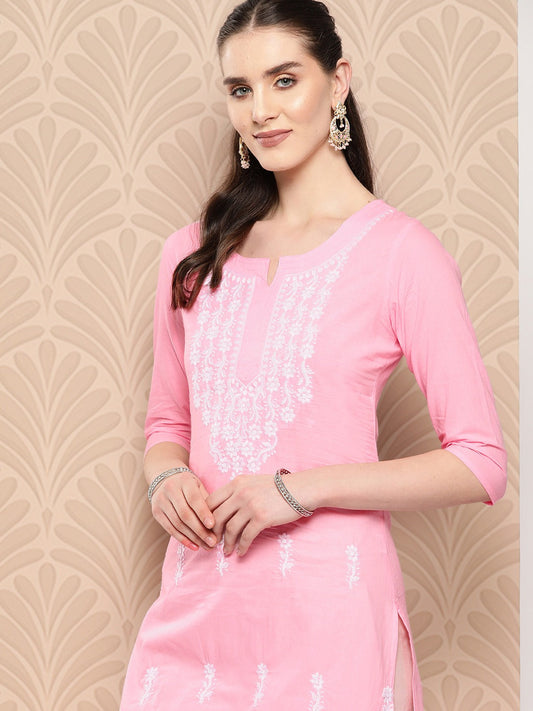 Pink Floral Embroidered Pure Cotton Kurta-Yufta Store-1497KURPKS