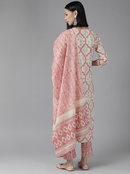 Pink Floral Embroidered Straight Cotton Kurta Dupatta Set-Yufta Store-1111SKDPKS