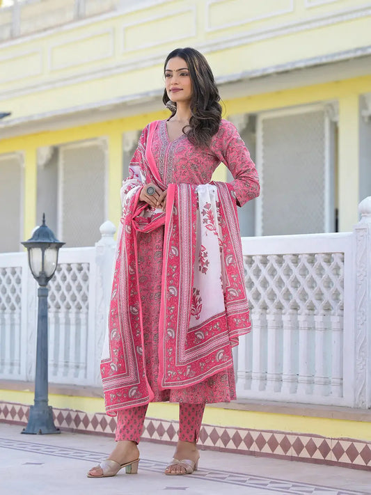 Pink Floral Print Anarkali Kurta Trouser And Dupatta Set-Yufta Store-6875SKDPKS