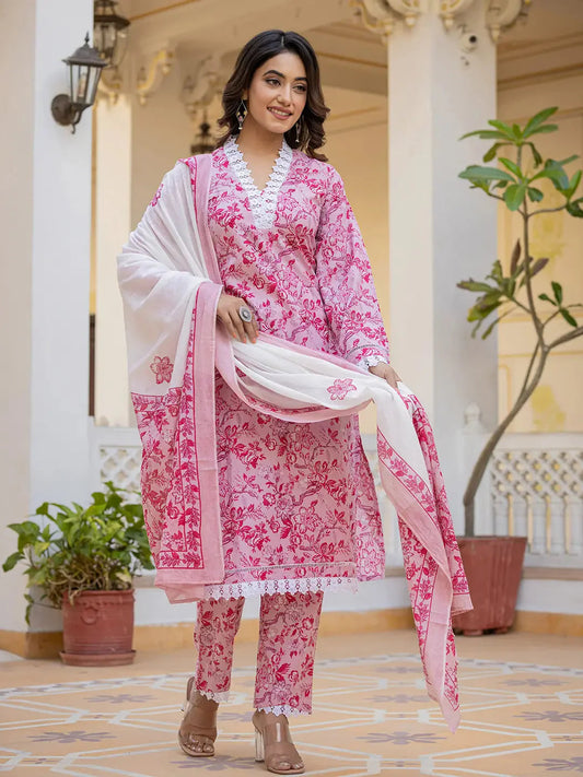 Pink Floral Print Pakistani Style Kurta Trouser And Dupatta Set-Yufta Store-1004SKDPKS