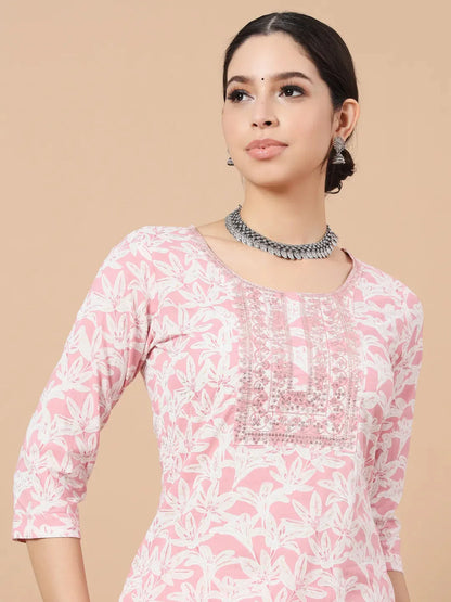 Pink Floral Print Sequins_Work Straight Kurta Trouser And Dupatta Set-Yufta Store-1752SKDPKS