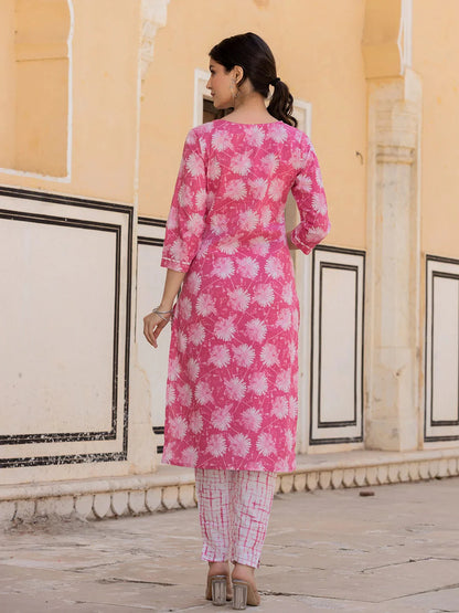 Pink Floral Print Straight Kurta Trouser And Dupatta Set-Yufta Store-6874SKDPKS