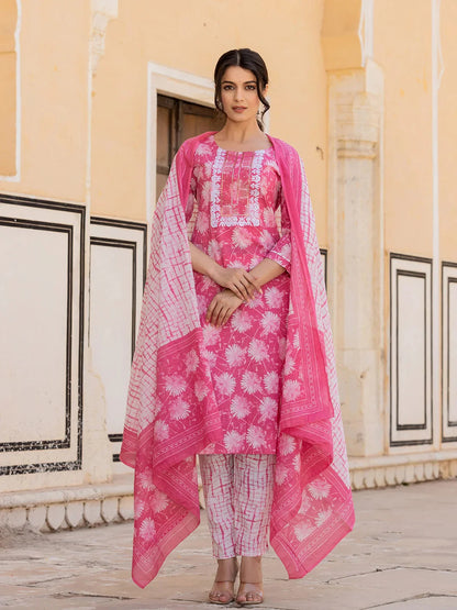 Pink Floral Print Straight Kurta Trouser And Dupatta Set-Yufta Store-6874SKDPKS