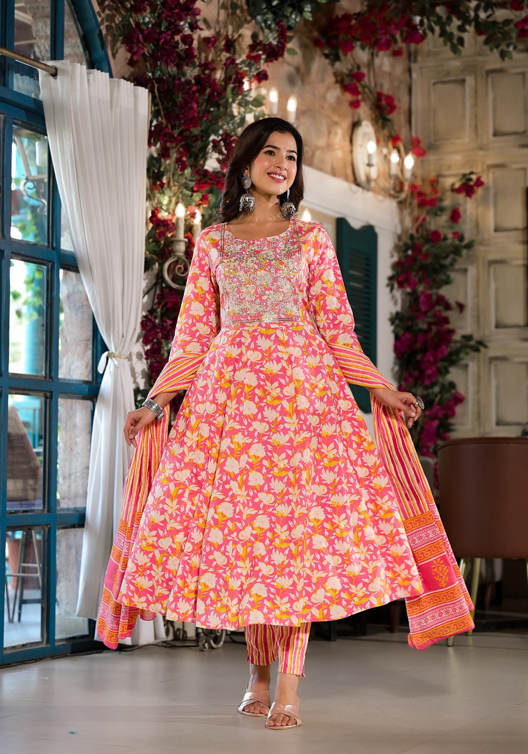 Pink Floral Zari_Work Kurta Trouser With Dupatta Set-Yufta Store-1823SKDPKS