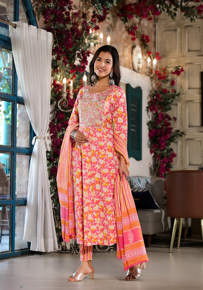 Pink Floral Zari_Work Kurta Trouser With Dupatta Set-Yufta Store-1823SKDPKS