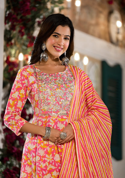 Pink Floral Zari_Work Kurta Trouser With Dupatta Set-Yufta Store-1823SKDPKS