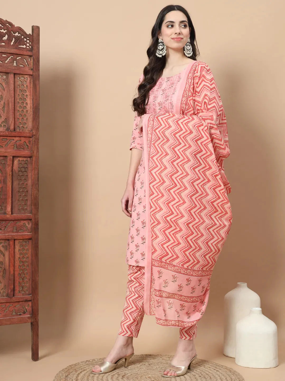 Pink Floral,Sequins_Work Straight Kurta Trouser And Dupatta Set-Yufta Store-1816SKDPKS