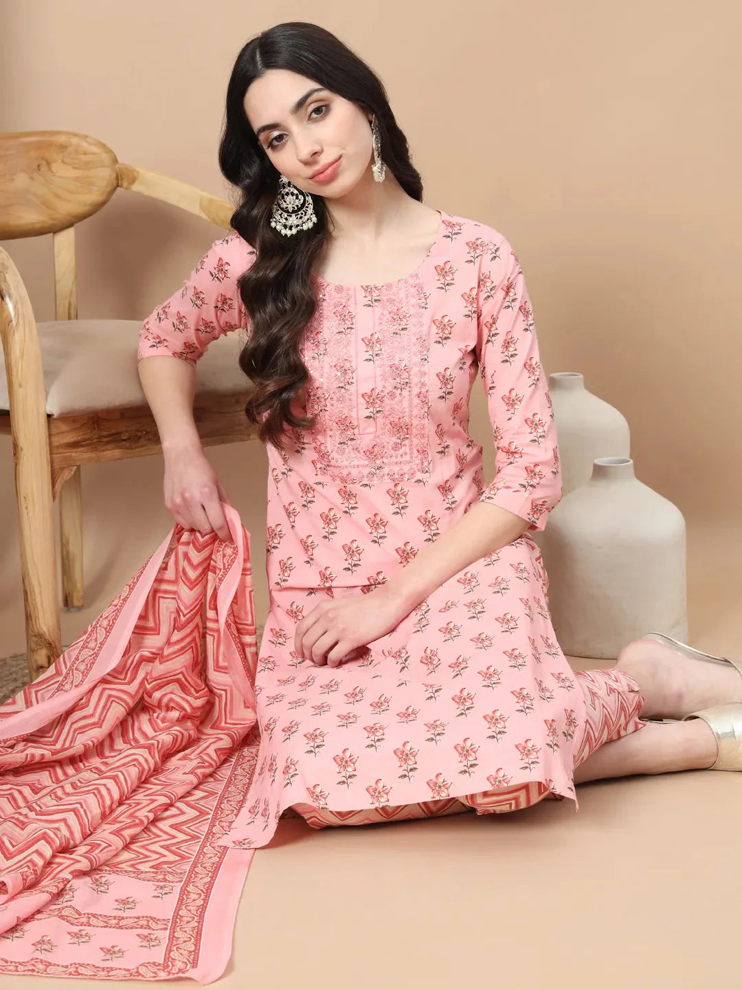 Pink Floral,Sequins_Work Straight Kurta Trouser And Dupatta Set-Yufta Store-1816SKDPKS