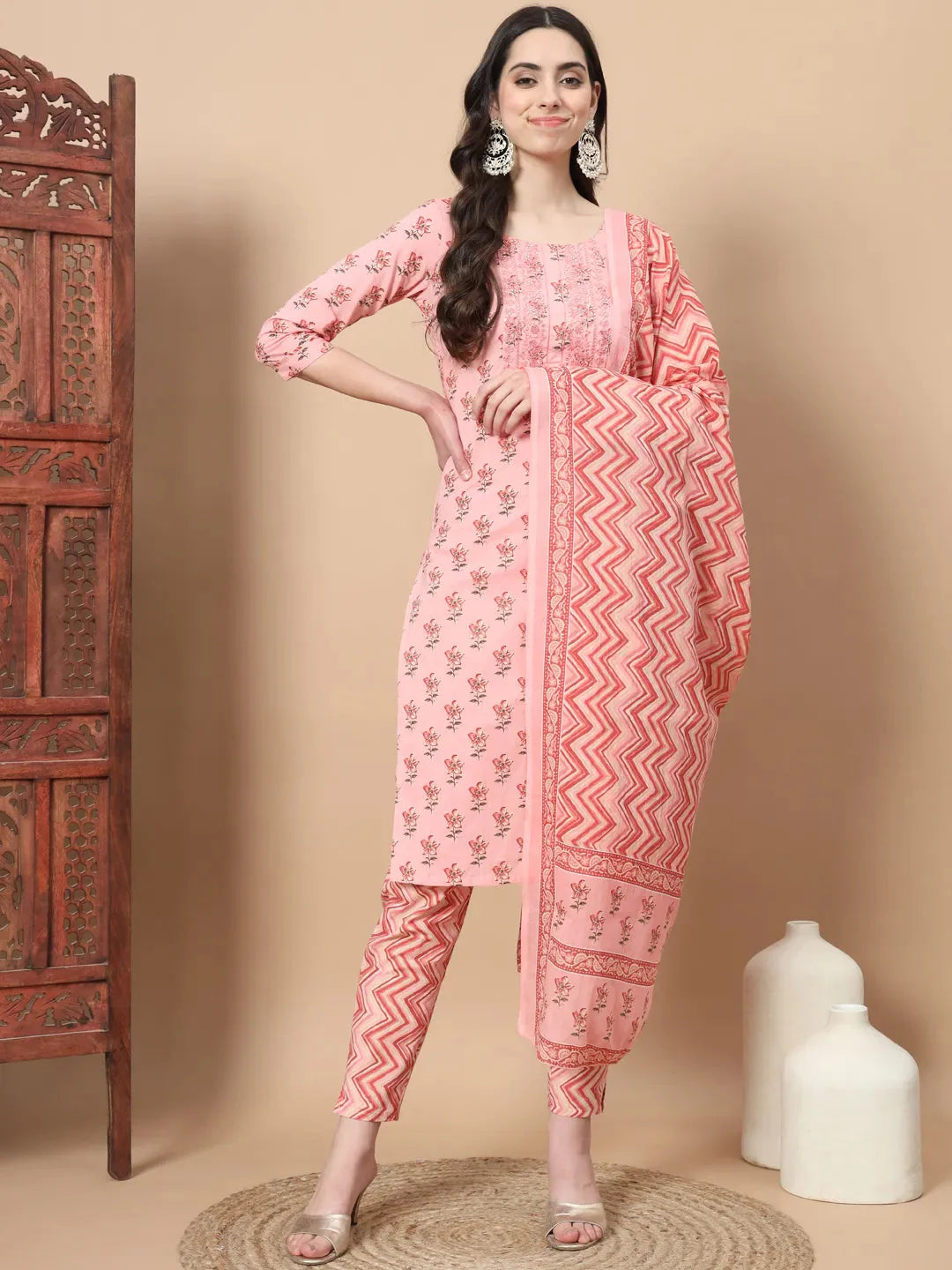 Pink Floral,Sequins_Work Straight Kurta Trouser And Dupatta Set-Yufta Store-1816SKDPKS