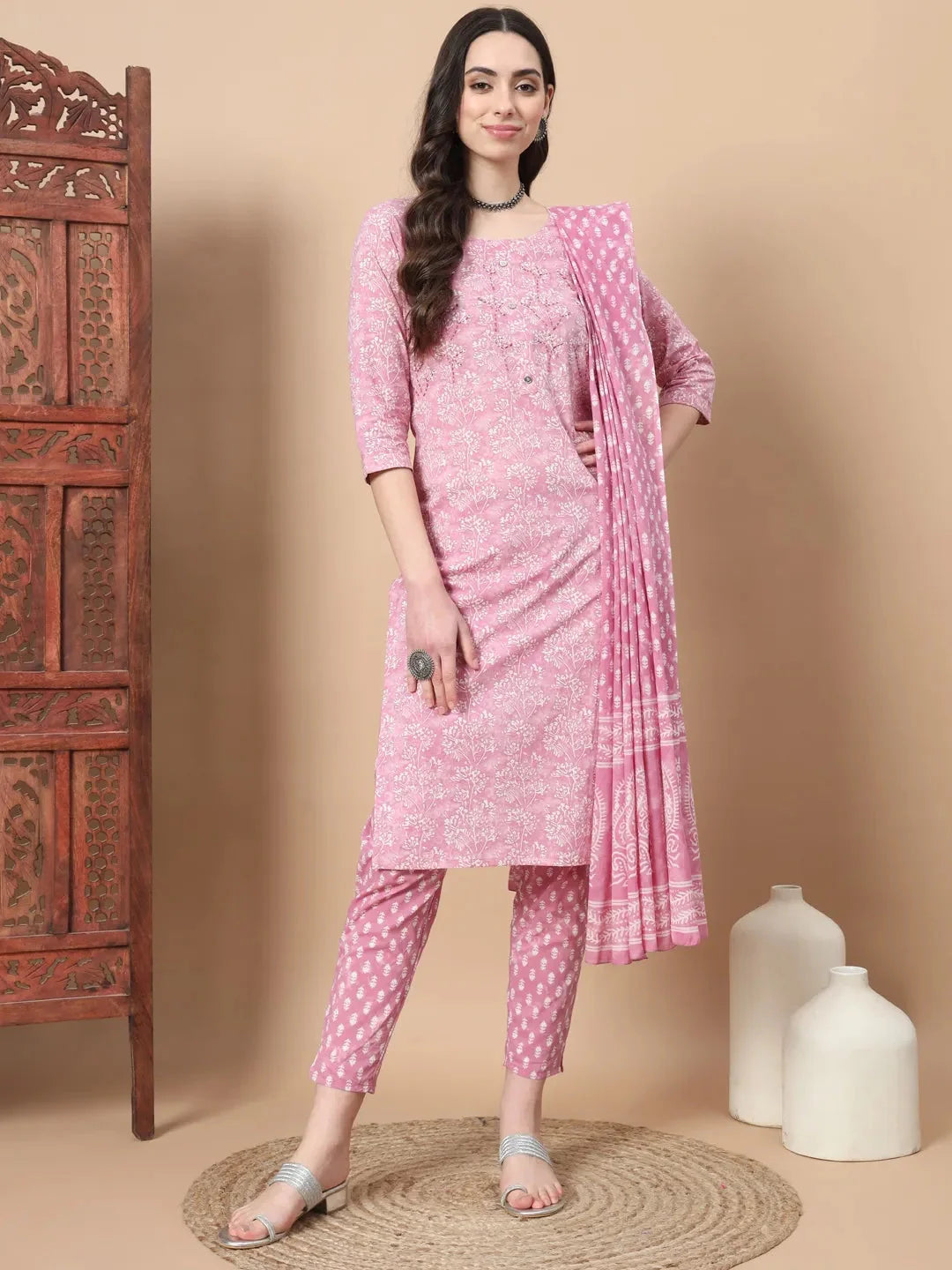 Pink Floral,Thread_Work Straight Kurta Trouser And Dupatta Set-Yufta Store-6814SKDPKS