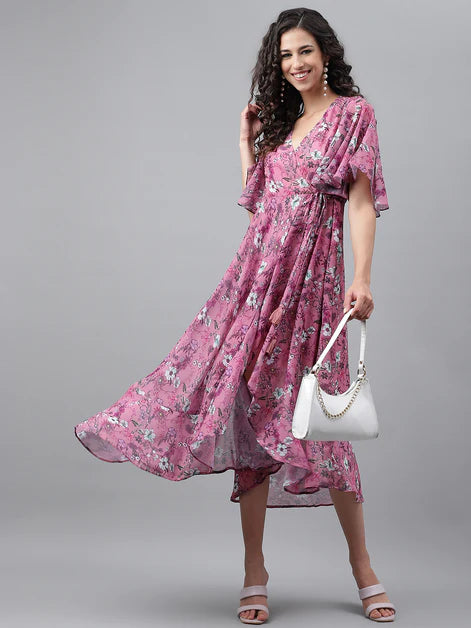 Pink Georgette Digital Printed Wrap Dress Orchids Boutique