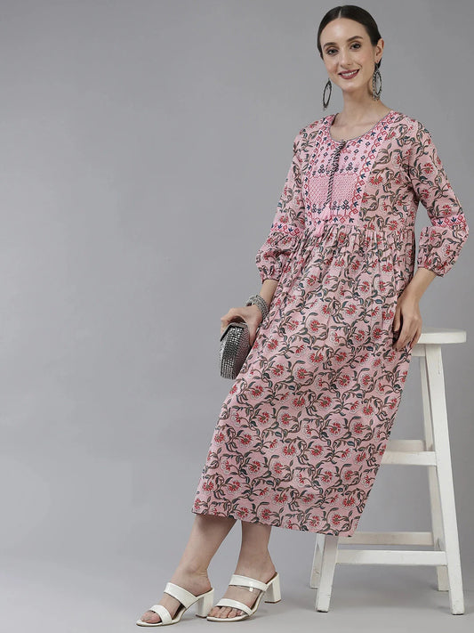 Pink & Grey Printed Ethnic Dress-Yufta Store-5214DRSPKS