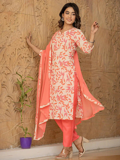 Pink Leaf Print Straight Piping On Yoke Kurta Trouser And Dupatta Set-Yufta Store-6831SKDPKS