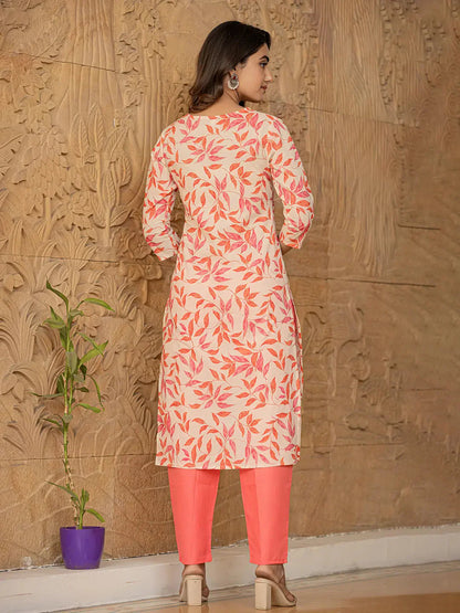 Pink Leaf Print Straight Piping On Yoke Kurta Trouser And Dupatta Set-Yufta Store-6831SKDPKS