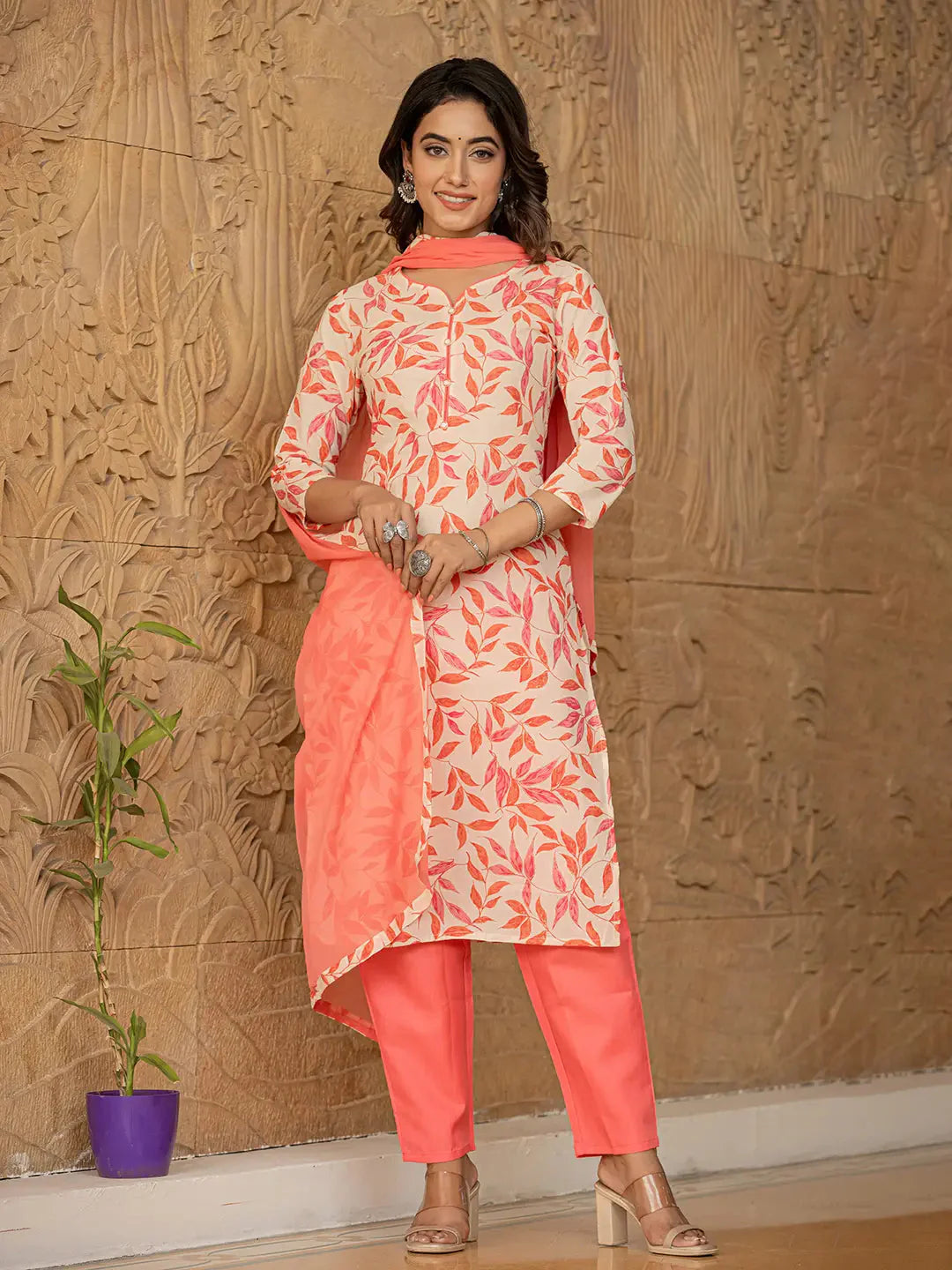 Pink Leaf Print Straight Piping On Yoke Kurta Trouser And Dupatta Set-Yufta Store-6831SKDPKS