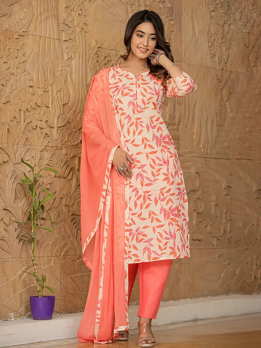 Pink Leaf Print Straight Piping On Yoke Kurta Trouser And Dupatta Set-Yufta Store-6831SKDPKS