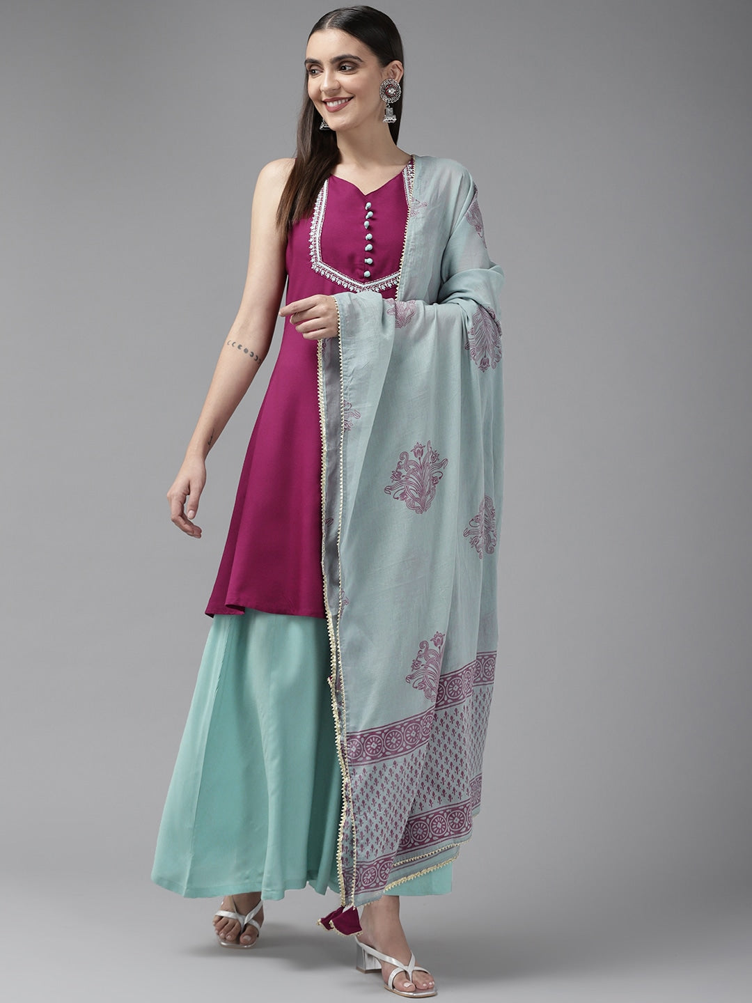 Pink & Mint Green Palazzo Dupatta Set-Yufta Store-9468SKDPKS