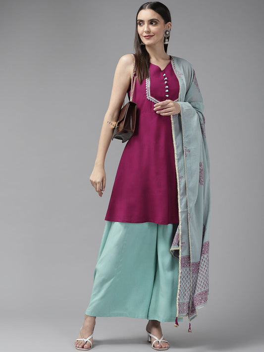 Pink & Mint Green Palazzo Dupatta Set-Yufta Store-9468SKDPKS