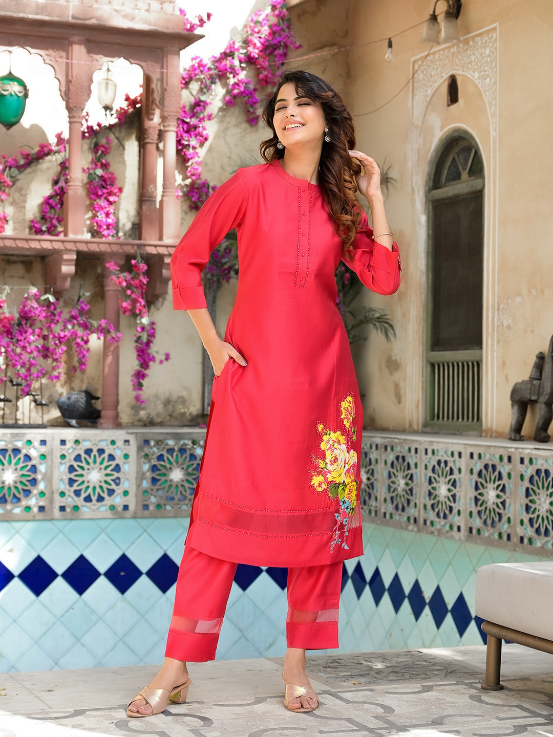 Pink Patch_Work Kurta Trouser Set-Yufta Store-1647SETPKM