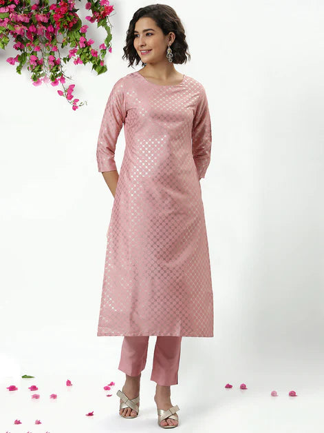 Pink Poly Silk Floral Print Kurta with Pant Orchids Boutique