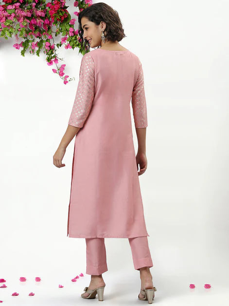 Pink Poly Silk Floral Print Kurta with Pant Orchids Boutique