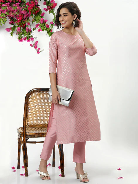 Pink Poly Silk Floral Print Kurta with Pant Orchids Boutique