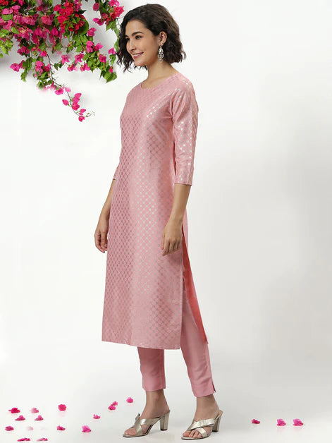 Pink Poly Silk Floral Print Kurta with Pant Orchids Boutique