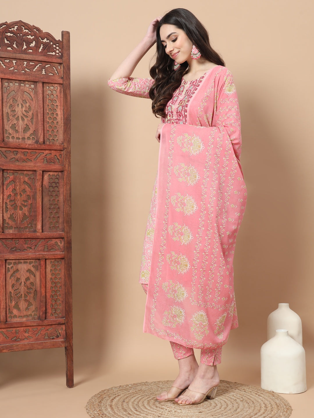 Pink Printed Cotton Kurta Dupatta Set-Yufta Store-6813SKDPKS