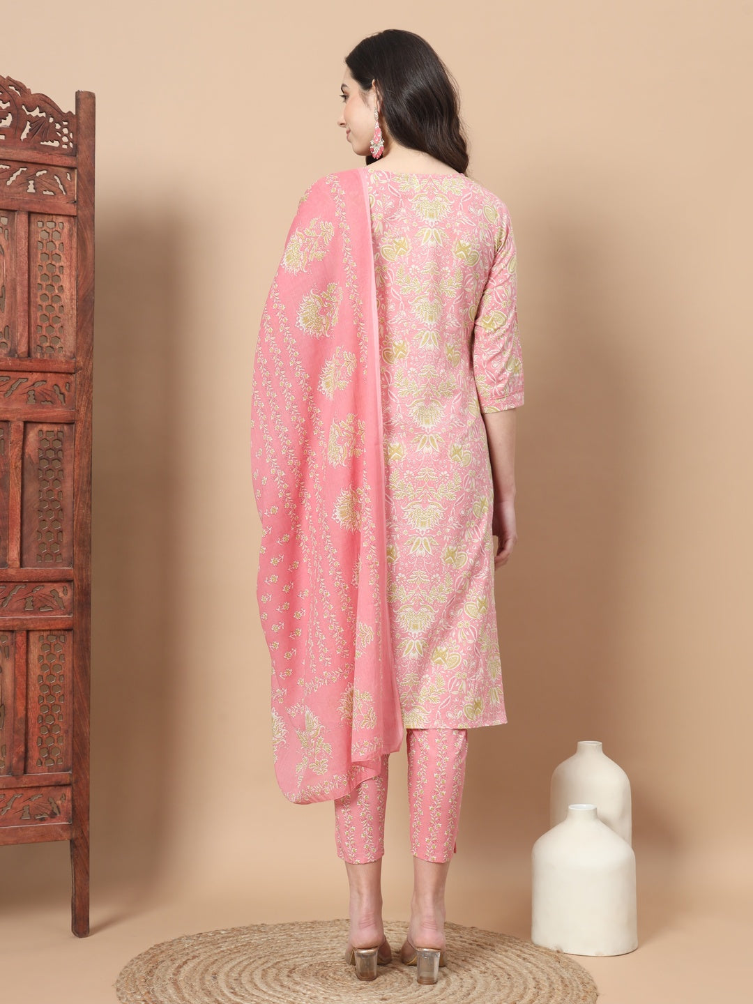 Pink Printed Cotton Kurta Dupatta Set-Yufta Store-6813SKDPKS