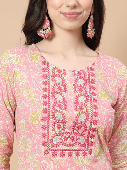 Pink Printed Cotton Kurta Dupatta Set-Yufta Store-6813SKDPKS