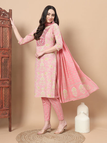 Pink Printed Cotton Kurta Dupatta Set-Yufta Store-6813SKDPKS