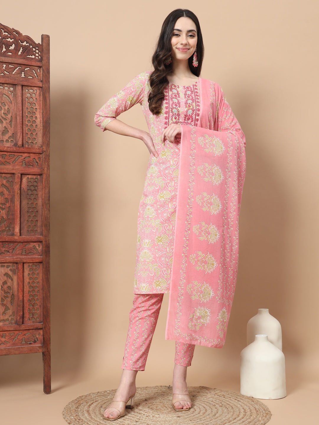 Pink Printed Cotton Kurta Dupatta Set-Yufta Store-6813SKDPKS